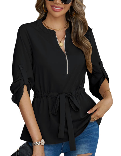 Load image into Gallery viewer, CiCiBird Womens Peplum Zip Blouse 3/4 Sleeve Work Shirt Black Size L
