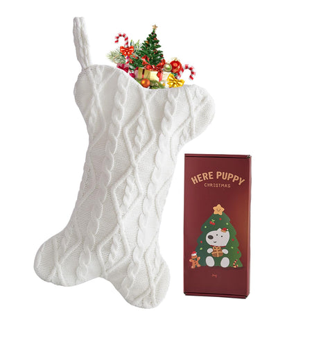 Mayler Yee Dog Christmas Stocking White Knit Bone Shape 16.7x9.6 Inch