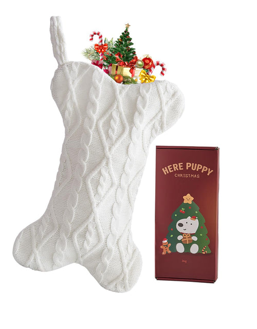 Load image into Gallery viewer, Mayler Yee Dog Christmas Stocking White Knit Bone Shape 16.7x9.6 Inch
