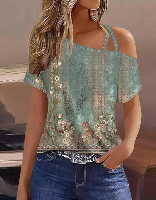 Load image into Gallery viewer, Decsth Womens Floral Boho One Shoulder Short Sleeve Shirt Green XL
