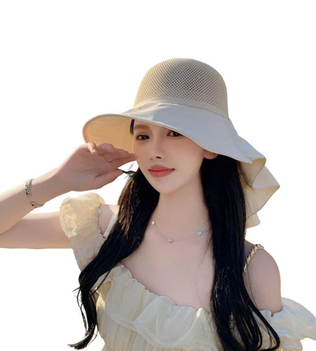 CAOCEFA Womens UPF50 Mesh Sun Hat Wide Brim Neck Flap Off White