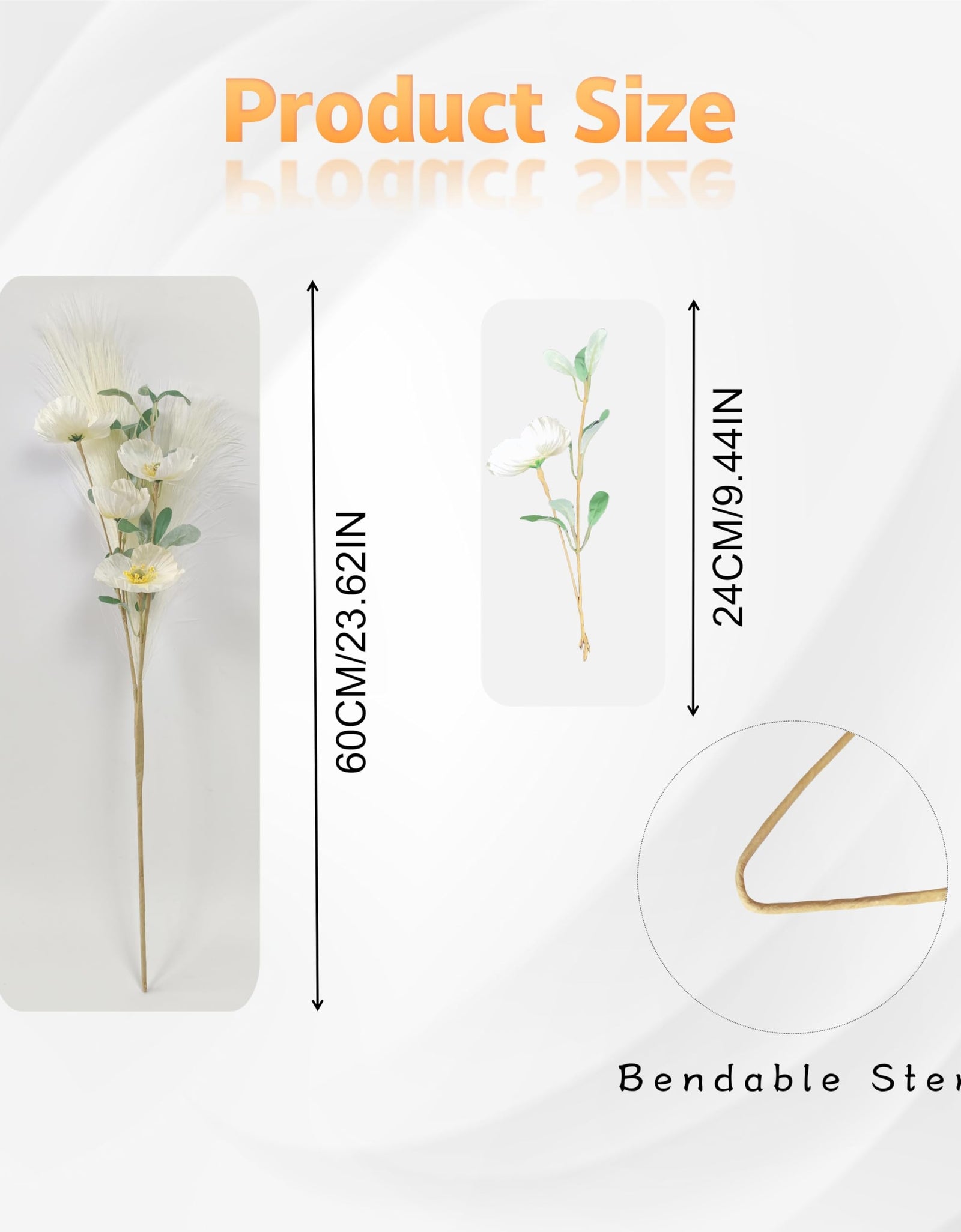 NoriStyle Silk White Artificial Poppy Flowers 6 Pcs Long Stems Indoor Decor
