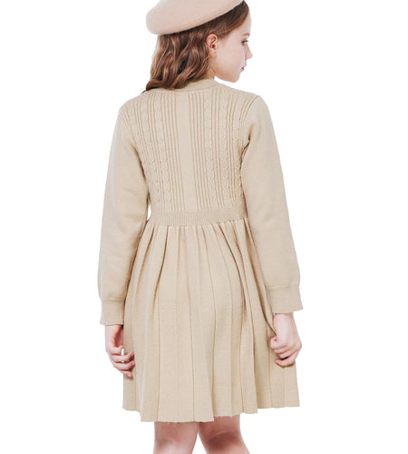 WULFUL Girls Long Sleeve Sweater Dress Pleated Knit Casual Fall Winter 5-12Y