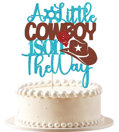 VQOUZVSR A Little Cowboy Is On The Way Cake Topper Blue Glitter Boy
