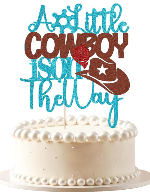 Load image into Gallery viewer, VQOUZVSR A Little Cowboy Is On The Way Cake Topper Blue Glitter Boy
