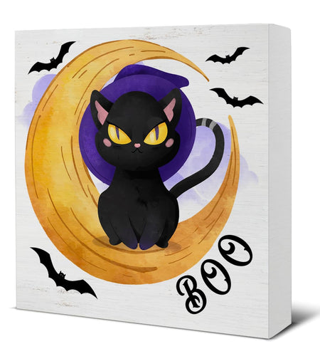Hijie Halloween Black Cat Bat Wooden Sign Decor 5x5 Inches Indoor