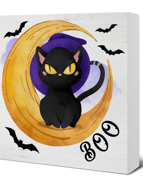 Load image into Gallery viewer, Hijie Halloween Black Cat Bat Wooden Sign Decor 5x5 Inches Indoor
