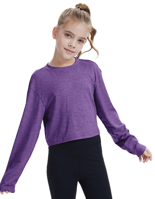 Load image into Gallery viewer, CharmWM Girls Long Sleeve Crop Top Crew Neck Casual Tee Deep Purple Size 9-10Y
