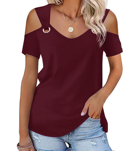 Bellcoco Womens Cold Shoulder V Neck Red Blouse Top XL
