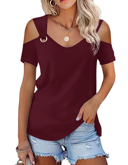 Load image into Gallery viewer, Bellcoco Womens Cold Shoulder V Neck Red Blouse Top XL
