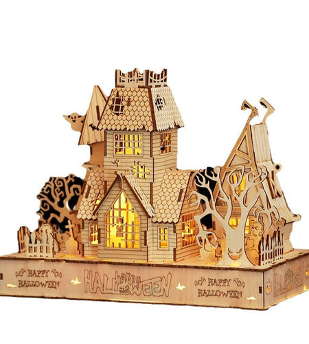 Houses halloween led light 3D wooden jigsaw puzzle puzzle toys handmade DIY gifts