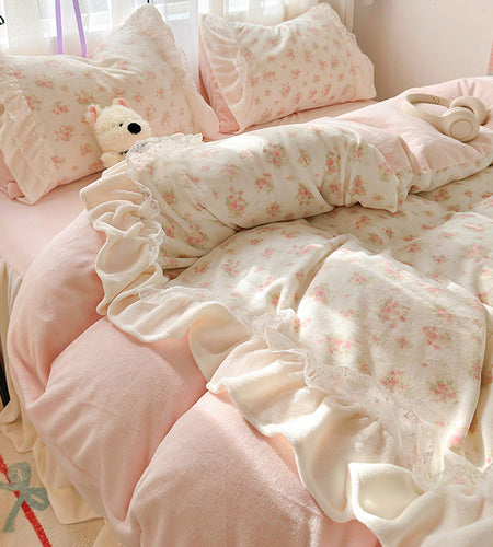 Princess style milk velvet bed four piece set, winter thick double-sided velvet duvet cover with velvet bed sheet bedding