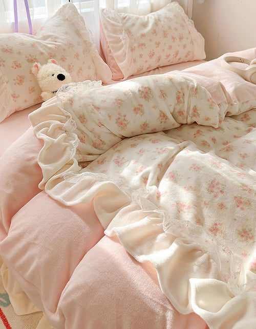 Load image into Gallery viewer, Princess style milk velvet bed four piece set, winter thick double-sided velvet duvet cover with velvet bed sheet bedding
