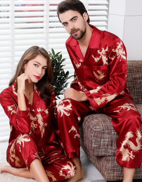 Load image into Gallery viewer, Simulated silk couple sleepwear new long sleeved set men's and women's V-neck silk printed dragon and phoenix home clothes
