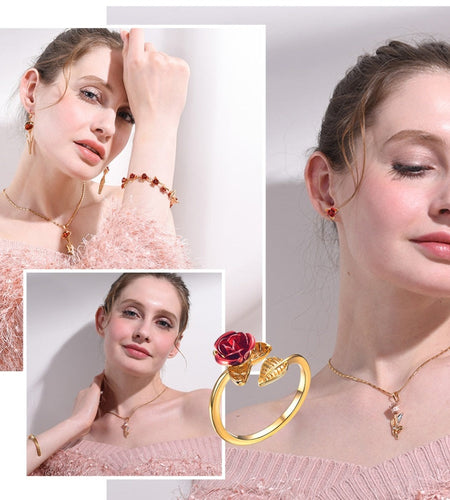 U7 Red Rose Garden Flower Leaves Resizable Finger Rings for Women Valentine's Day Gift Jewelry Hot Sale Open Ring R1019