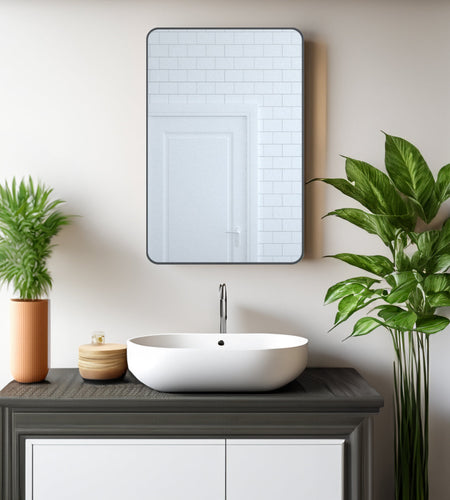 24x36 inch aluminum frame round rectangular bathroom wall mirror, matte black rust proof, tempered glass mirror
