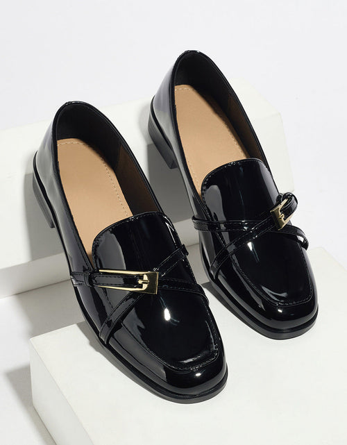 Load image into Gallery viewer, Women’s Patent Leather Square Toe Loafers | Low Heel Slip-On Flats
