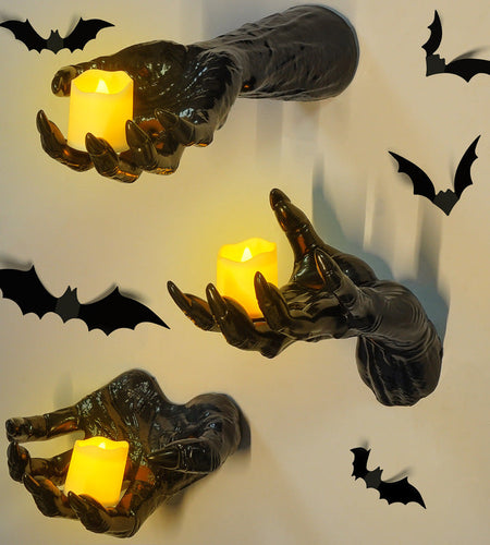Gothic Halloween Indoor Decor: 12-Pack Bat Sticker Wall Hangings (Spooky Hands & Lit Candles) for Gothic Walls