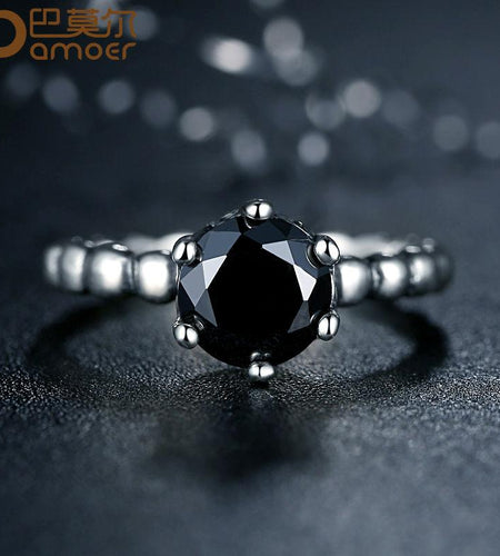 BAMOER Finger Ring with Black Cubic Zirconia Wedding Jewelry PA7205