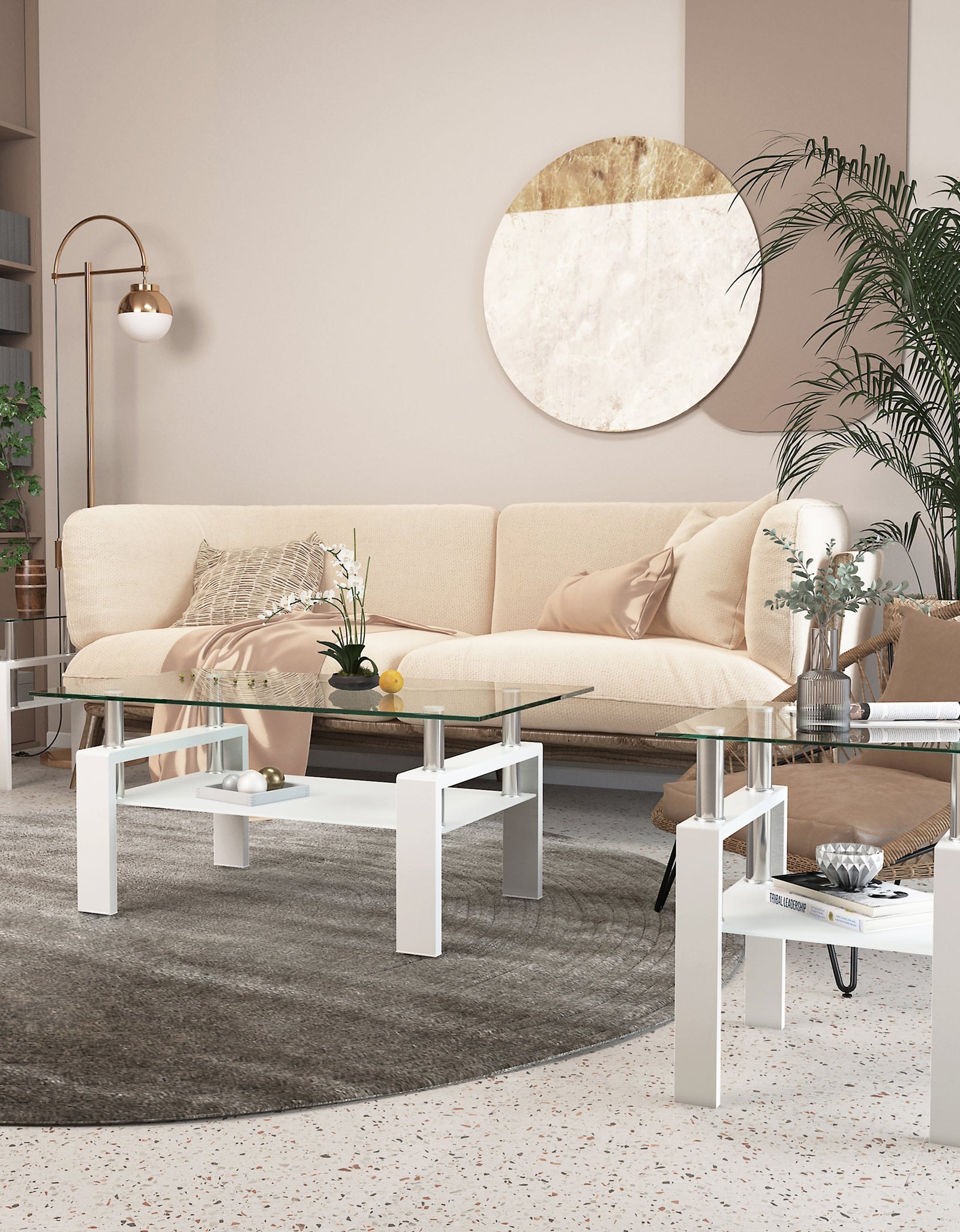 Set of 2, Modern Tempered Glass Tea Table Coffee Table End Table, Square Table for Living Room, Transparent/White