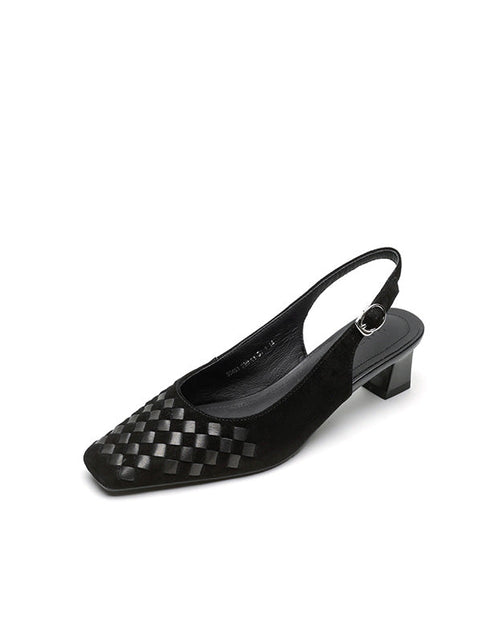 Load image into Gallery viewer, Women's Handmade Suede Woven Slingback Block Heel Sandals, Square-Toe Buckle Dress Shoes
