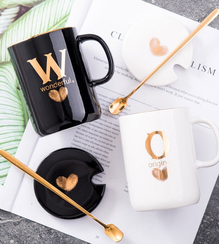 400ml Creative Gold Finger Printing Black Ceramic Coffee Mug Tea Cup With Gold Handle As Gift With Lid And Spoon