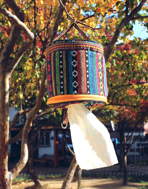 Load image into Gallery viewer, Outdoor camping folding ethnic style paper box storage bag car roll paper tissue box small cloth bag storage bag
