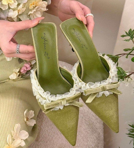 Women's French Bow Suede Pointed-Toe Stiletto Mules