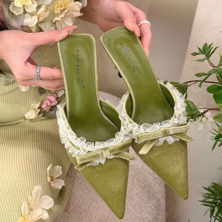 Women's French Bow Suede Pointed-Toe Stiletto Mules