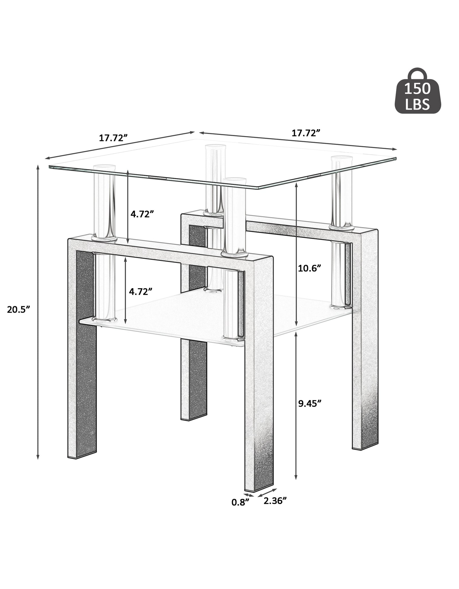 1-Piece Modern Tempered Glass Tea Table Coffee Table End Table, Square Table for Living Room, Transparent/Black