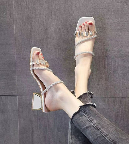 Women's Korean Style Rhinestone Single Strap Slide Sandals – Mid Chunky Heel