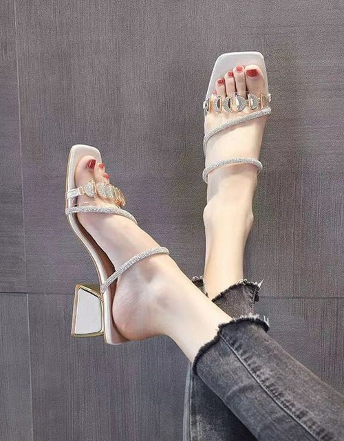 Load image into Gallery viewer, Women's Korean Style Rhinestone Single Strap Slide Sandals – Mid Chunky Heel
