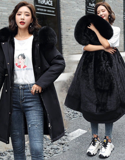 Load image into Gallery viewer, Korean version of long and medium length big fur collar with fleece jacket cotton jacket for women's fashion
