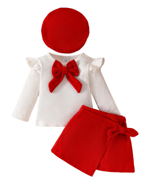Load image into Gallery viewer, Fashion Step Girl Big Bow Beret Long Sleeve Top with Velvet Half Skirt Autumn/Winter 3-Piece Set
