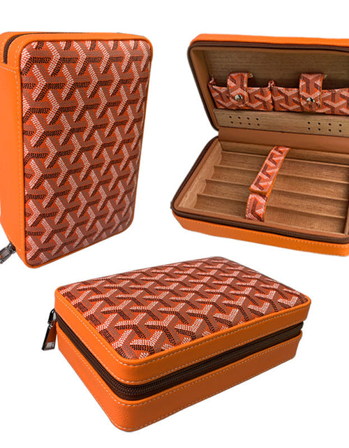 Load image into Gallery viewer, Carved version cigar box portable cedar wood cigar moisturizing box cowhide cigar box storage box Gaoxiba
