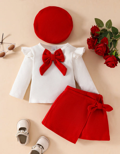 Load image into Gallery viewer, Fashion Step Girl Big Bow Beret Long Sleeve Top with Velvet Half Skirt Autumn/Winter 3-Piece Set
