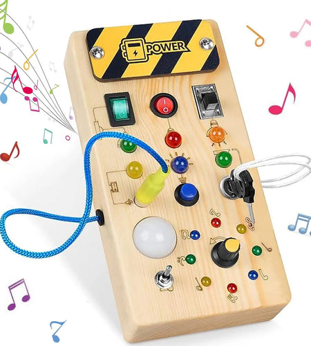 Montessori Busy Board Sensory Toys Wooden with LED Light Switch Control Board Travel Activities Kids Games for 2-4 Years Old
