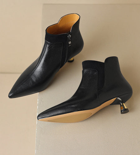 Women's Genuine Leather Kitten Heel Ankle Boots – Pointed Toe Side Zip