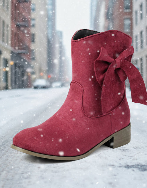 Load image into Gallery viewer, Women’s Low Heel Suede Bow Boots | Large Size Casual Winter Ankle Boots
