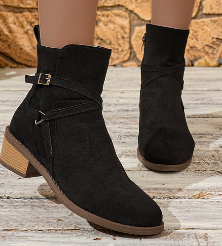 Cross-Strap Side-Zipper Mid-Heel Ankle Boots Women