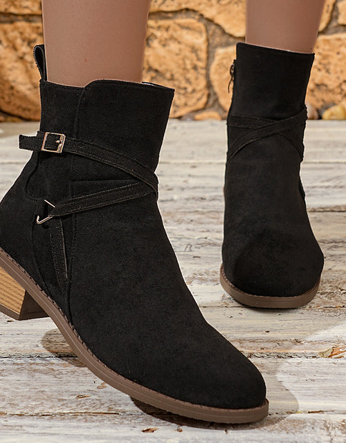 Load image into Gallery viewer, Cross-Strap Side-Zipper Mid-Heel Ankle Boots Women
