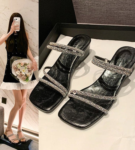 Women's Rhinestone Double-Strap Wedge Sandals – Open-Toe Glam Evening Heels