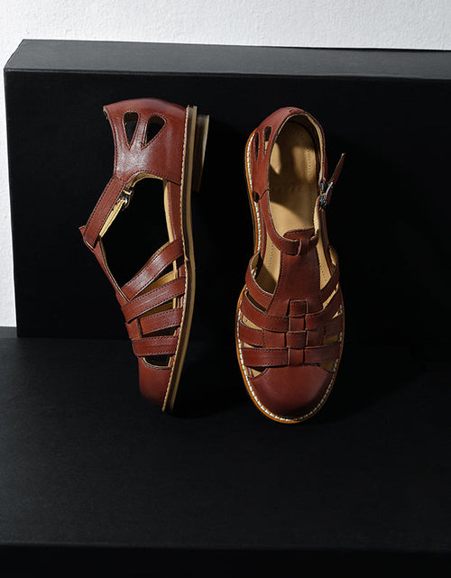 Load image into Gallery viewer, Women's Washed Full Grain Leather Fisherman Sandals – Closed-Toe Woven T-Strap
