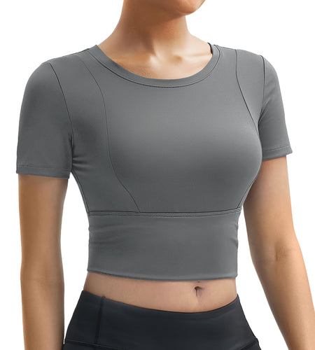 MAGCOMSEN Womens Crop Workout Top Yoga Athletic Short Sleeve Gray Size XS