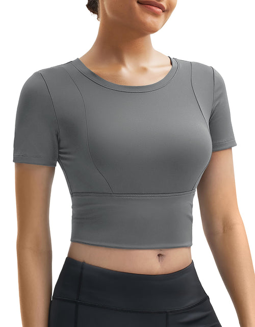 Load image into Gallery viewer, MAGCOMSEN Womens Crop Workout Top Yoga Athletic Short Sleeve Gray Size XS
