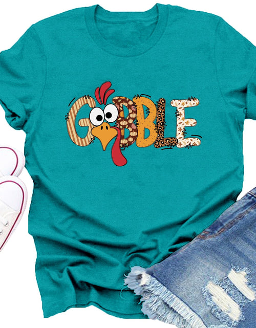 Load image into Gallery viewer, Dabon Thanksgiving Turkey Leopard Letter Print Tee Tops Cyan Size XL
