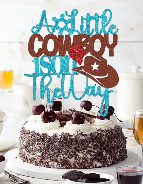 Load image into Gallery viewer, VQOUZVSR A Little Cowboy Is On The Way Cake Topper Blue Glitter Boy
