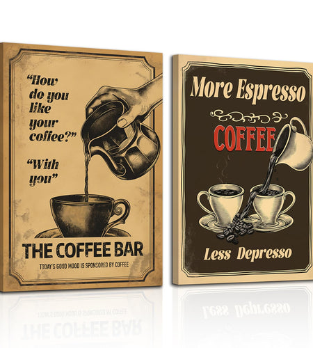HTTART Vintage Coffee Canvas Wall Art 12x16 Set of 2 Retro Brown