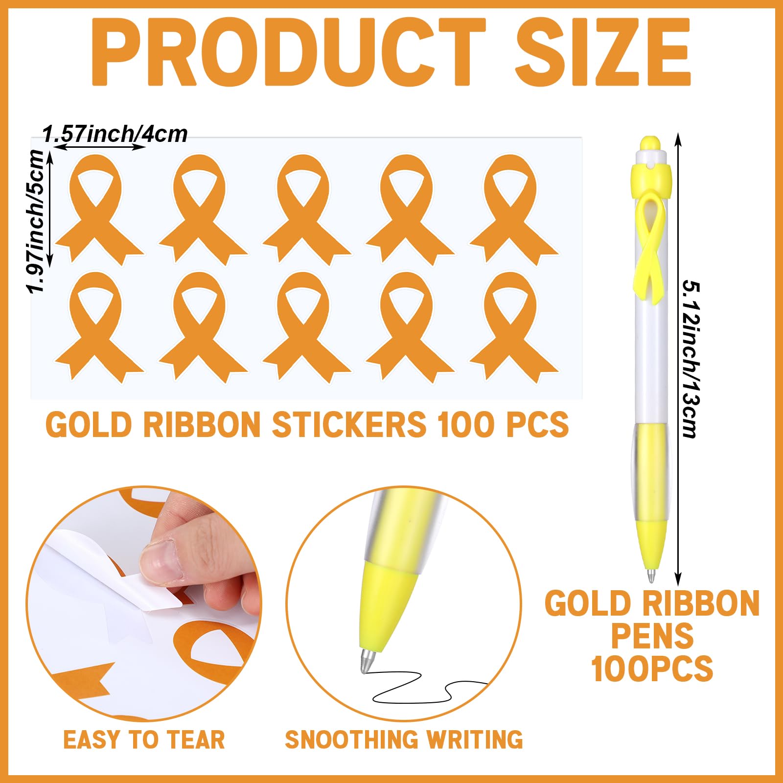 PullCrease Childhood Cancer Awareness Kit 400 Pcs Gold Ribbon Pens Bracelets