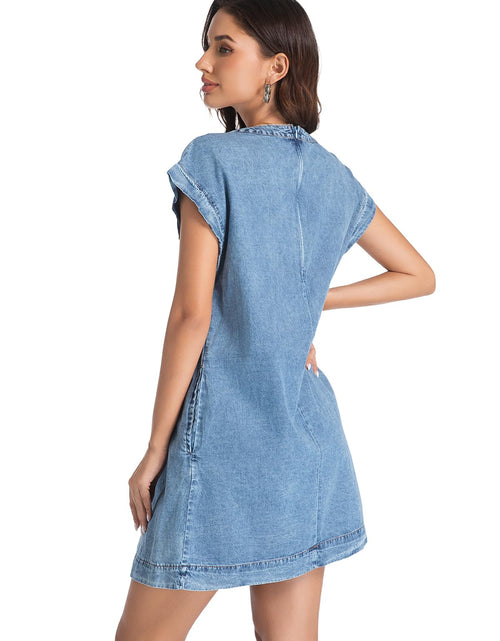 Load image into Gallery viewer, LIUSHIQI Womens Denim Romper V Neck Tie Front Pockets Blue Size S
